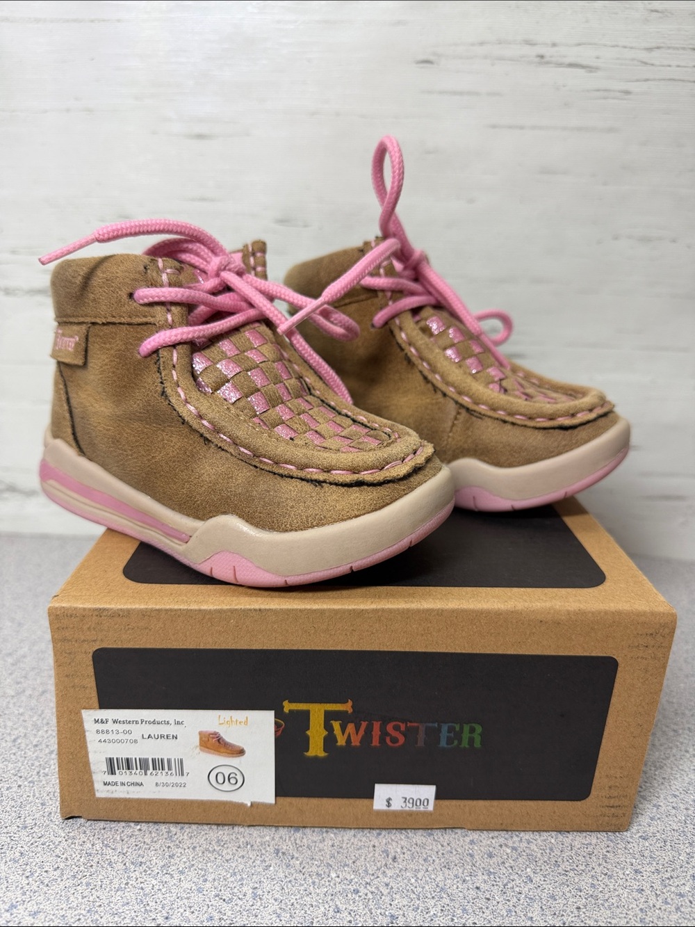 Twister Kids Tan Suede Lace-Up Boots with Pink Accents